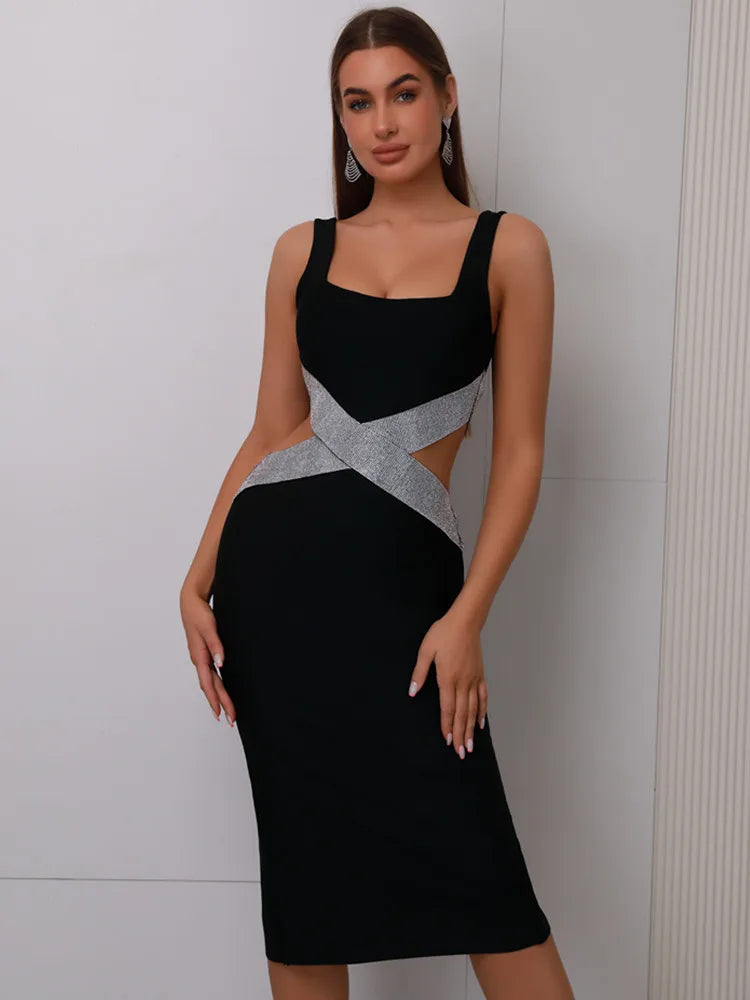 Women Celebrity Sexy V Neck Diamonds Cut Out Black Pink Midi Bodycon Bandage Dress 2024 Knitted Elegant Evening Club Party Dress