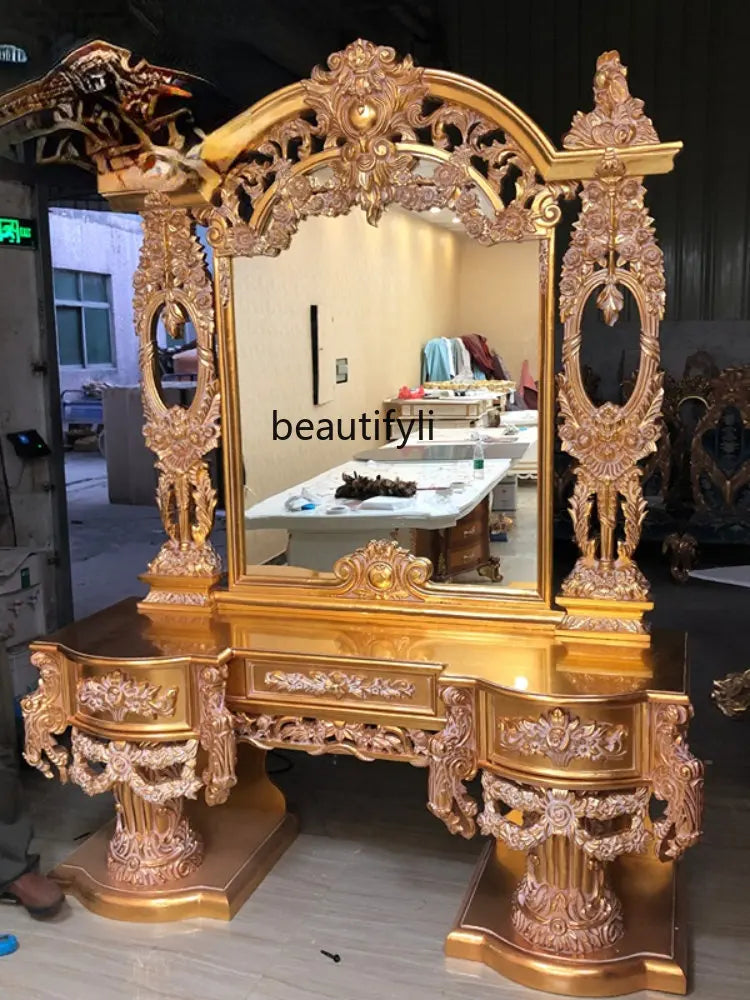 yj French Style Villa Luxury Dressing Table European High-End Luxury Large Apartment Solid Wood Gold Foil Dresser