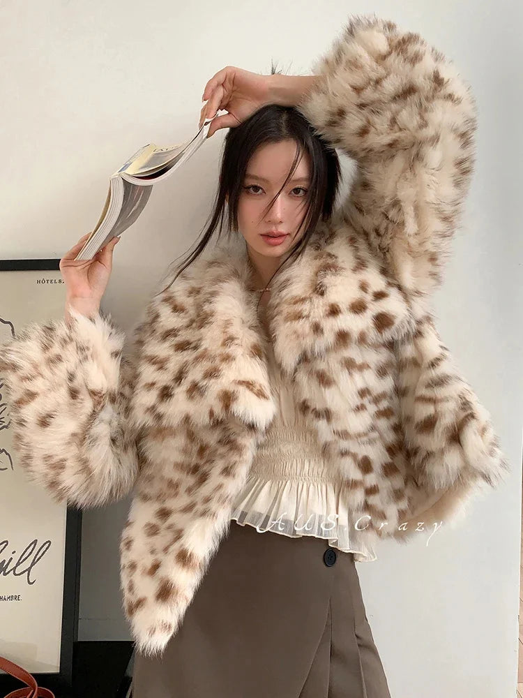 Natural Leopard Fox Fur Women Jacket Short Fashion Strip Sewed Toghter High Quality Sheepskin Real Coat Winter Clothing