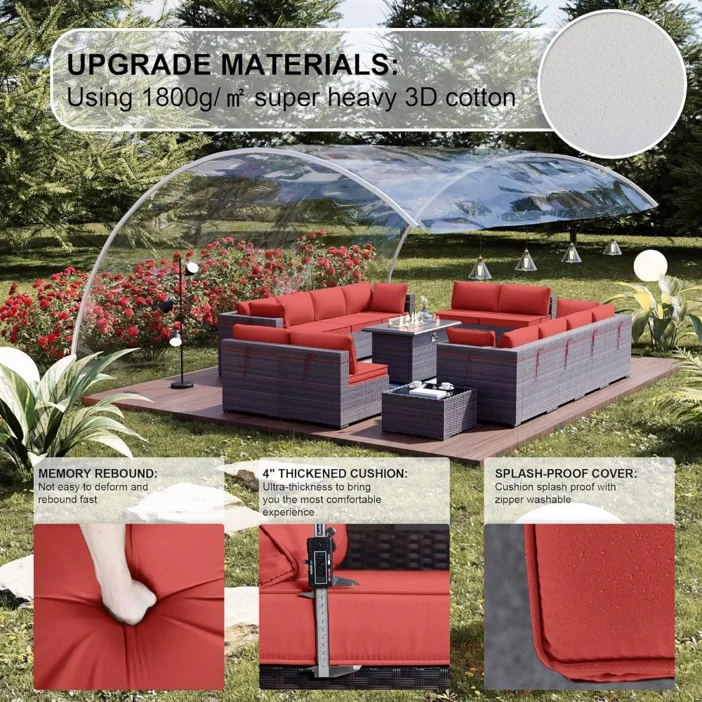 15Pieces Outdoor Patio Furniture Set with 43" Gas Propane Fire Pit Table PE Wicker Rattan Sectional Sofa Patio Conversation Sets
