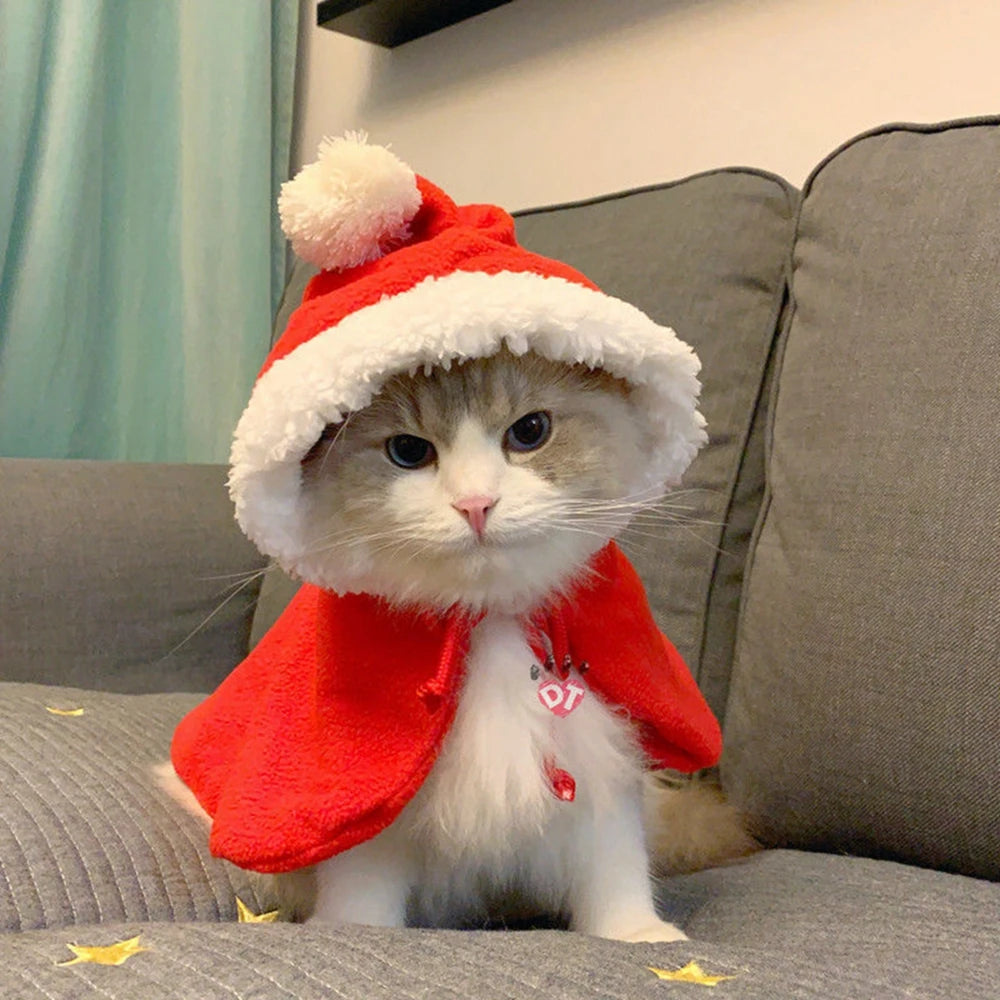 Winter Cat Costume Santa Cosplay Funny Transformed Cat Dog Pet Christmas Cape Dress Up Clothes Red Scarf Cloak Props Decoration