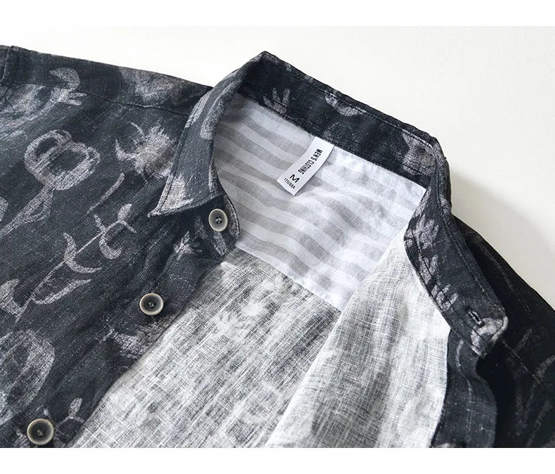 Summer New Printed 100% Linen Short Sleeve Shirts for Men Slim Thin Streetwear Men Clothing BL996