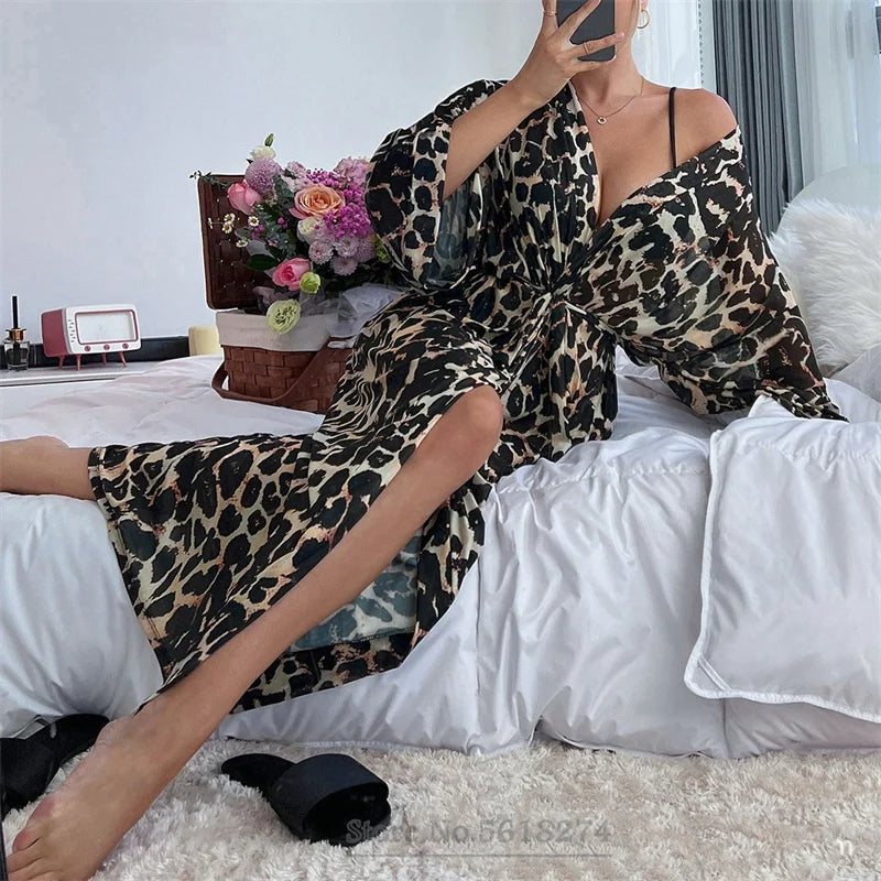 Long Leopard Kimono Bathrobe Robe Sexy Loungewear Nightgown Women Summer Home Dressing Gown with Belt Satin Nightwear Sleepwear