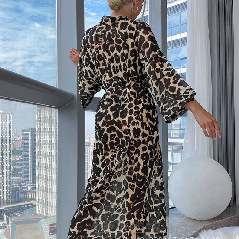 Long Leopard Kimono Bathrobe Robe Sexy Loungewear Nightgown Women Summer Home Dressing Gown with Belt Satin Nightwear Sleepwear