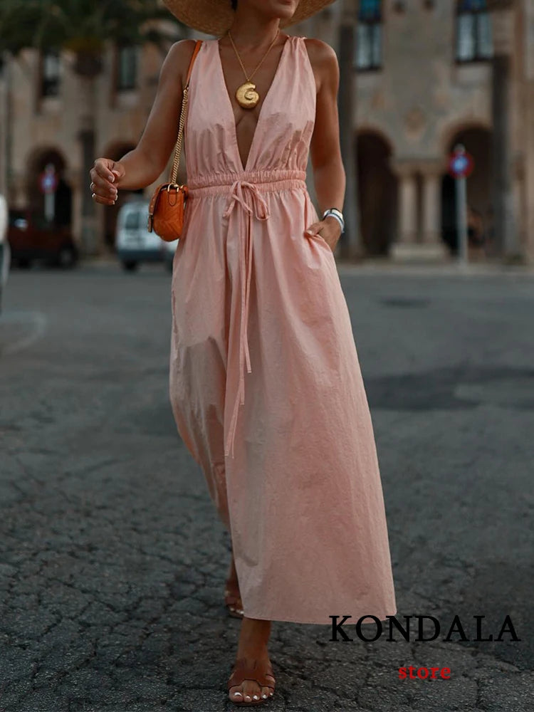KONDALA Sexy Deep V Neck Loose Long Dress Women Sleeveless Backless Elastic Nylon Dress Fashion 2023 Summer Holiday Dress