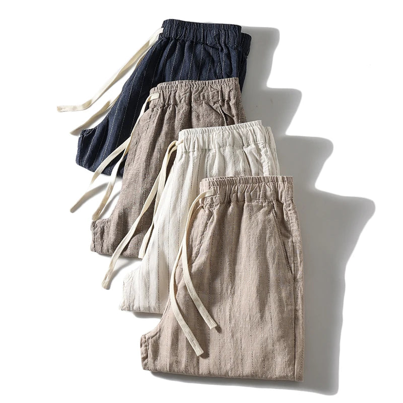 Cotton and Linen Comfortable Men's Fashion Trend Summer Pure Straight Stripe Thin Breathable Solid Color Loose Casual Pants