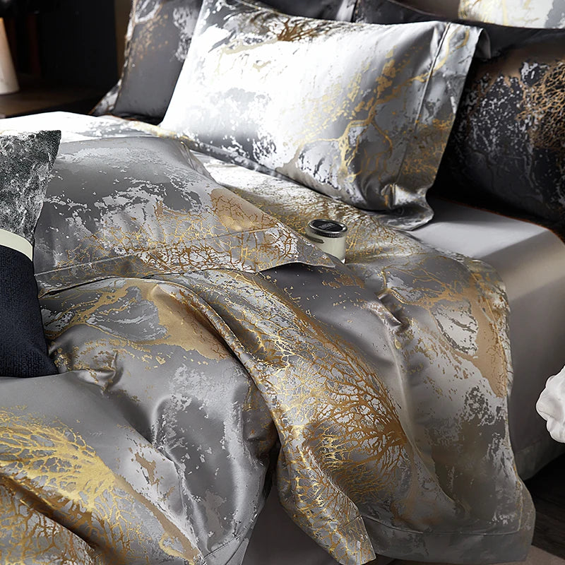 Luxury Silver Gray gold Satin Jacquard Bedding Set 1000TC Egyptian Cotton Queen King Size Duvet Cover Set Bed Sheet Pillowcases