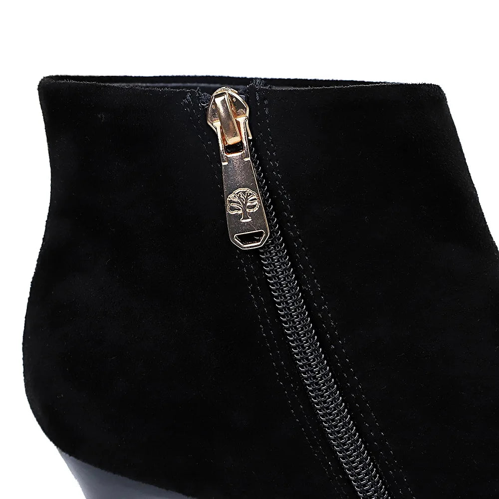 Women Ankle Length Flock Boots Winter Pointed Toe Thin Heels High Heel Shoes Ladies Side Zippper Ankle Boots 173-1