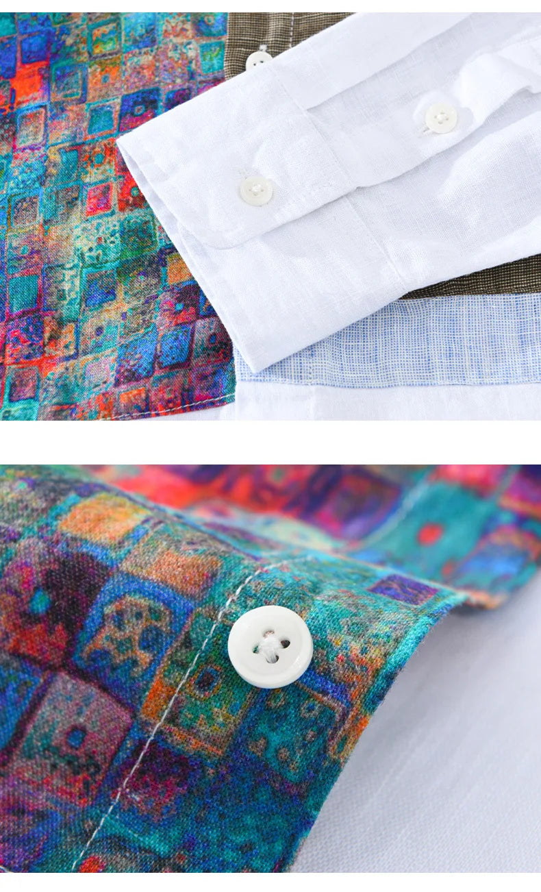 100% Linen Yarn-dyed Patchwork Men's Shirts 2024 Spring New Fashion Artsy Blouse for Youth Man Casual Loose Long Sleeve Tops