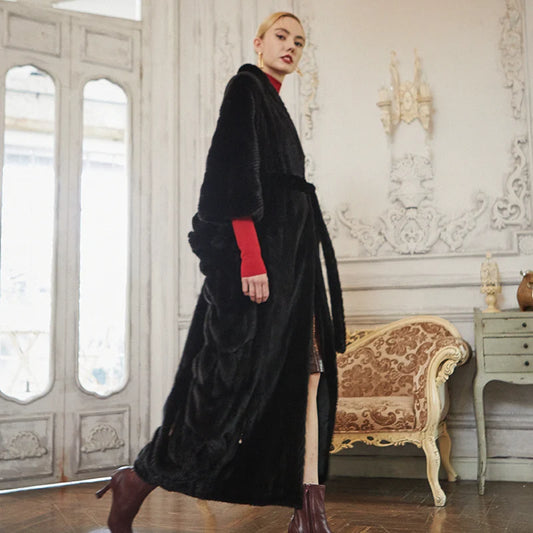 Women's Fur Coat 2223 Trend Natural Fur Long Mink Outerwear Jackets Trench Coats New In Outdoor Clothes Clothing Black Fashion
