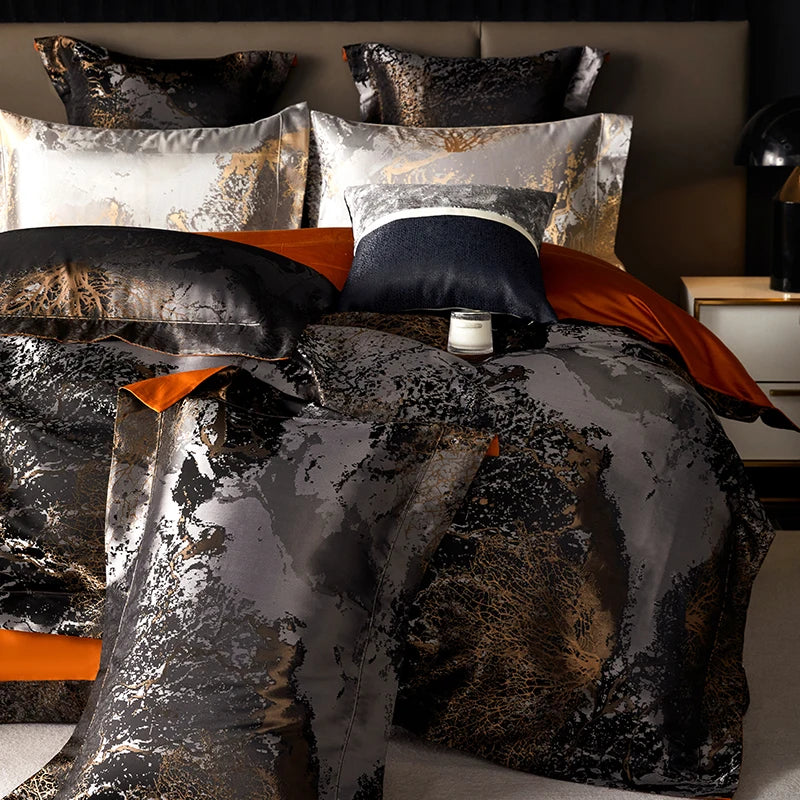 Luxury Silver Gray gold Satin Jacquard Bedding Set 1000TC Egyptian Cotton Queen King Size Duvet Cover Set Bed Sheet Pillowcases