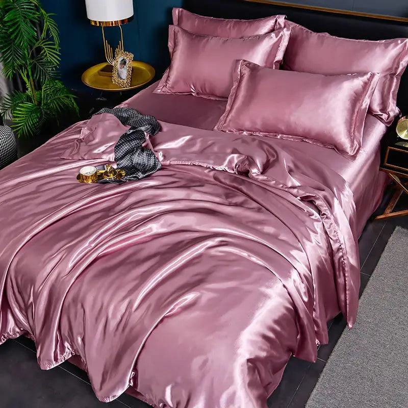 Nordic Silk Bedding Set with Duvet Cover Bed Sheet Pillowcase Luxury Couple Single Double Summer Home Textile Solid Bedsheet