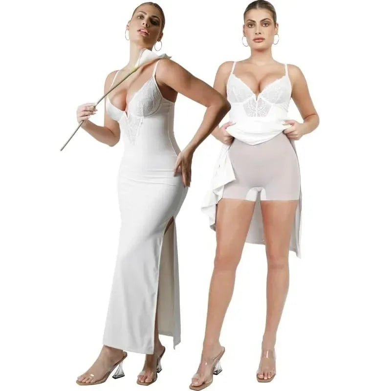 Bodycon Dress Deep V Neck Lace Satin Drape Strapless Slit Bodycon Cocktail Maxi Dress for Women