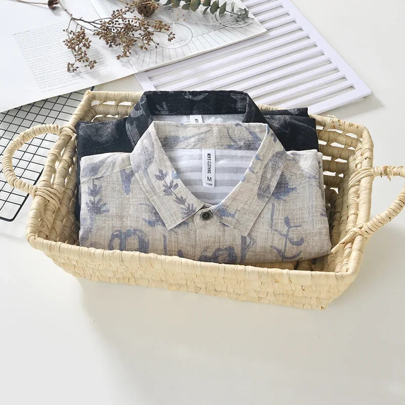 Summer New Printed 100% Linen Short Sleeve Shirts for Men Slim Thin Streetwear Men Clothing BL996