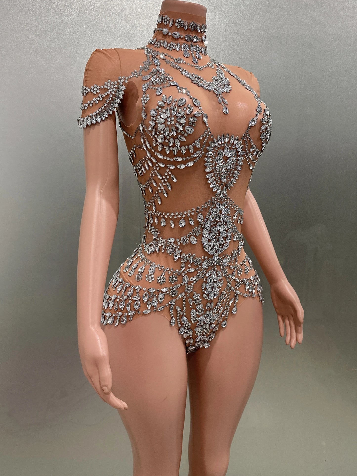 Luxury Rhinestones Sexy See-Through Sheath Bodysuit Evening Party Performance Costume Bar Nightclub Singer Dancer Stage Wear