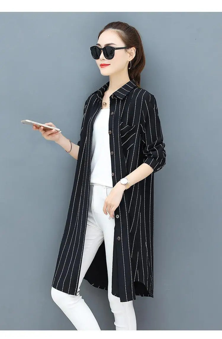 Casual Korean Midi Striped Print Shirt for Female Turn-down Collar Single-breasted Fashion Long Sleeve Blouse Women's Clothing