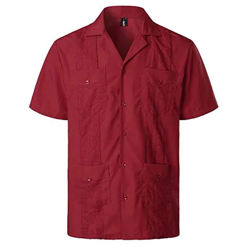 Wine Red Four-Pocket Cuban Guayabera Shirt Men Short Sleeve Camp Collar Shirt Male Embroidered Mexican Cigar Wedding Beach Shirt