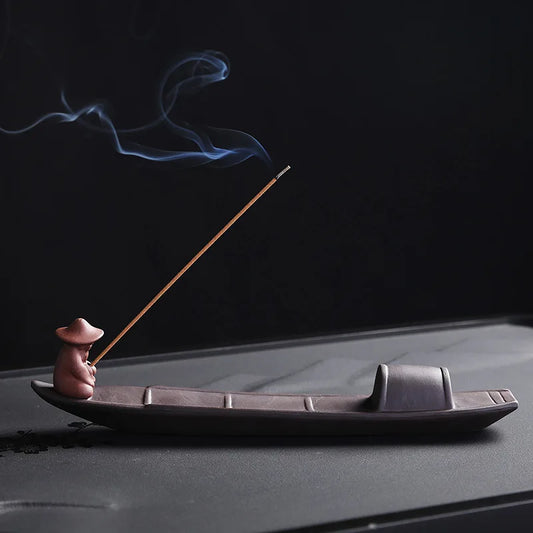 1pc Incense Stick Holder, Zen Meditation Purple Clay Fisherman Fishing Incense Stick Holder Home Decor (Without Incense)