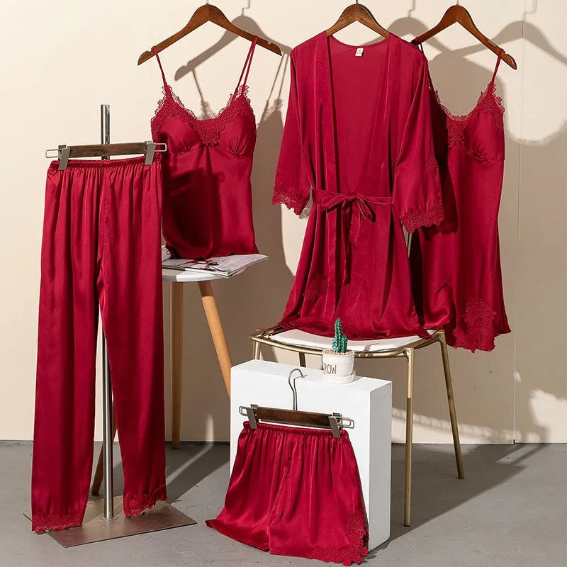 Spring Summer 5PCS PAJAMAS SET Sexy Lace Trim Bath Robe Nightgown Female Satin Cami Pijamas Suit Loose Home Clothes Lounge wear