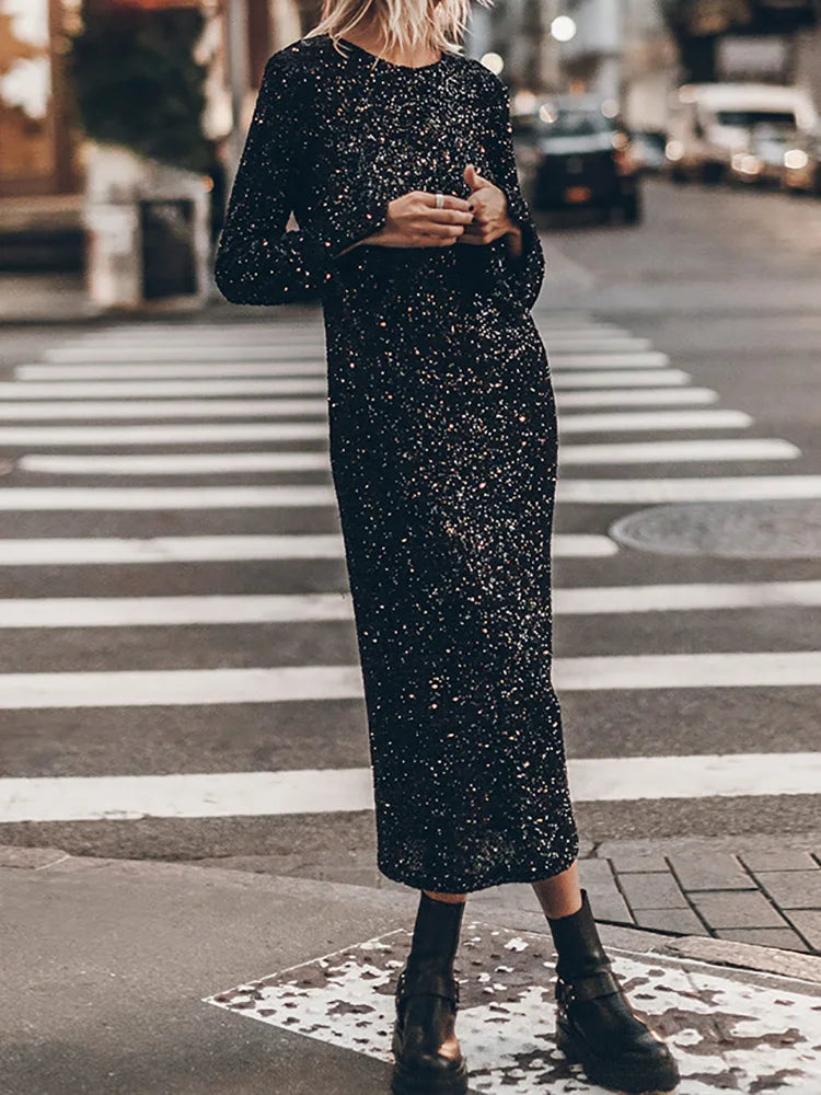 Long Sleeve Spring Autumn Simple Maxi Dress, Women Holiday O Neck Casual Fashion Party Dress, New Sequins Patchwork Ladies Dress