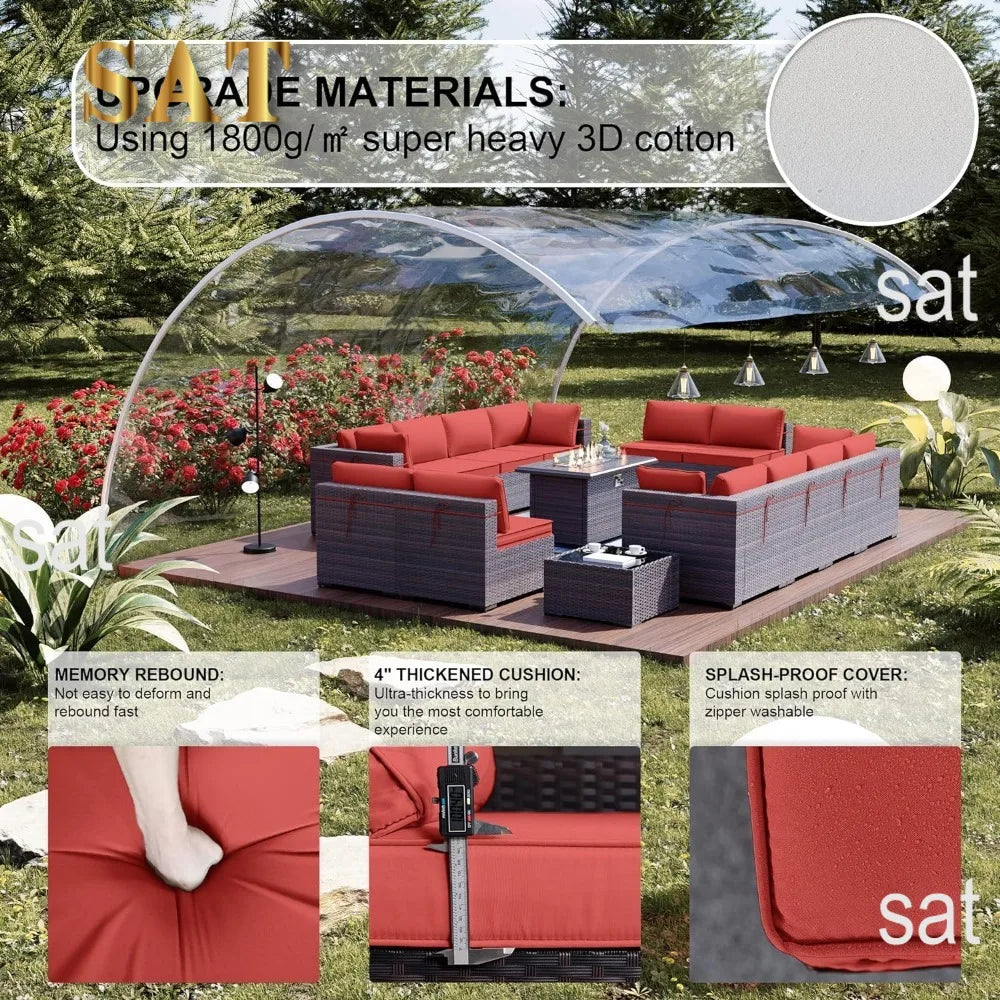 15Pieces Outdoor Patio Furniture Set with 43" Gas Propane Fire Pit Table PE Wicker Rattan Sectional Sofa Patio Conversation Sets