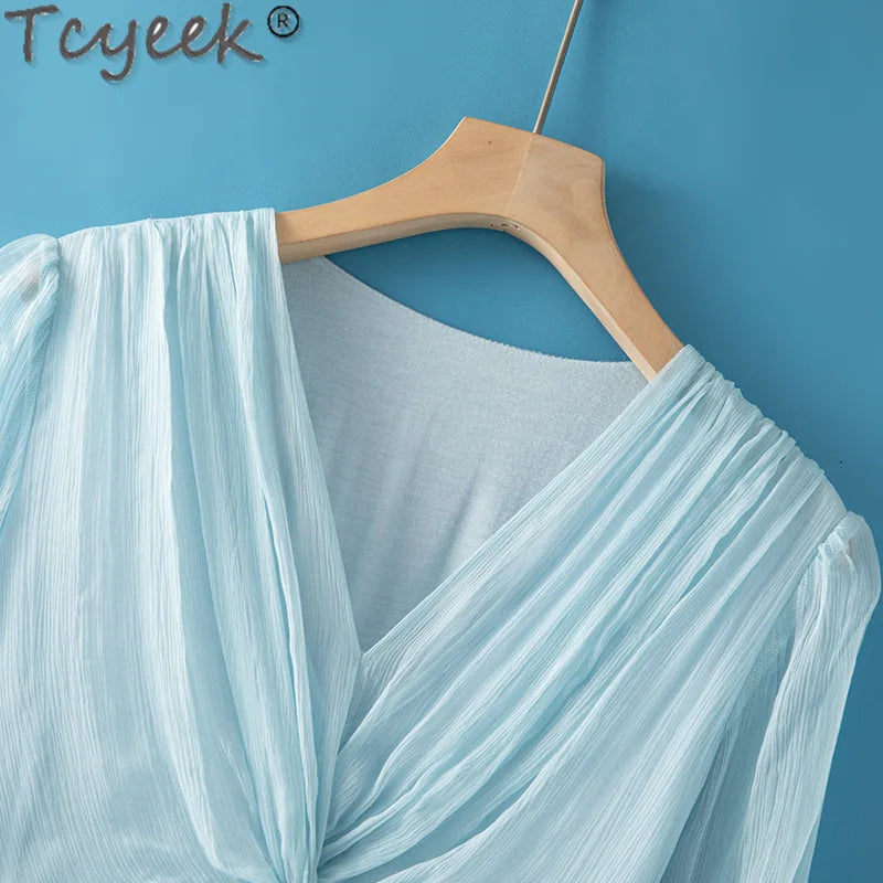 Tcyeek 100% Mulberry Silk Dress Women Clothes Fashion Summer Dresses 2024 Elegant and Pretty Women's Dresses Waist Vestido Mujer