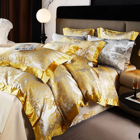Luxury Golden Brocade Jacquard Cotton Bedding Set Duvet Cover Linen Fitted Sheet Pillowcases Home Textile