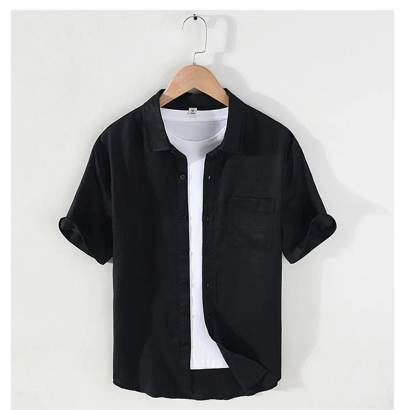 923 100% Linen Men's Summer Fashion Shirt High Quality Solid Color Simple Casual Short Sleeve Blouses Basic Thin Breathable Tops