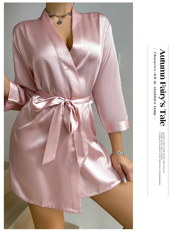 Pink Bride Bridesmaid Wedding Robe Spring Summer Female Sleepwear Kimono Bathrobe Nightgown Loose Silk Satin Home Dressing Gown