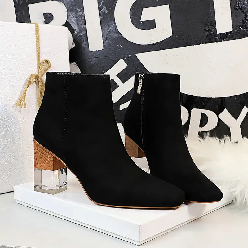 Women Ankle Length Flock Boots Fashion Square Toe High Heel Shoes Winter Ankle Boots Ladies Shoes 298-2