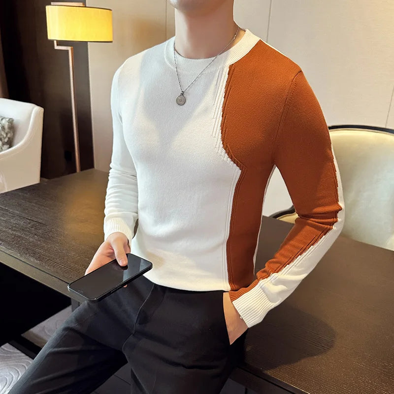 Knitwear Sweater Patchwork Color Long Sleeve Sweaters For Men Korean Luxury Clothing O-Neck Slim Fit Pullovers Pull Homme Sale