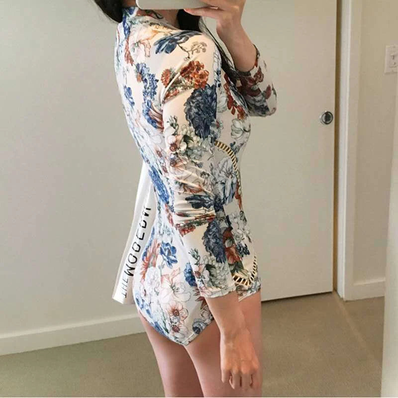 1Pc Swimwear Women Swimsuit New Bikini Floral Print Long Sleeves Rash Guard Surfing Monokini Bathing Summer Beach Swimming Suit