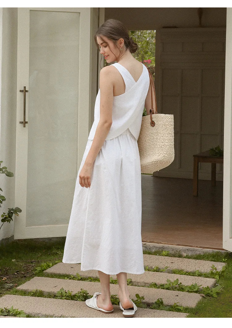 100% Linen Top Women Casual Solid Back Cross Patchwork Tank Top Summer Tops Haut Femme Women'S Clothing Offer Free Shipping