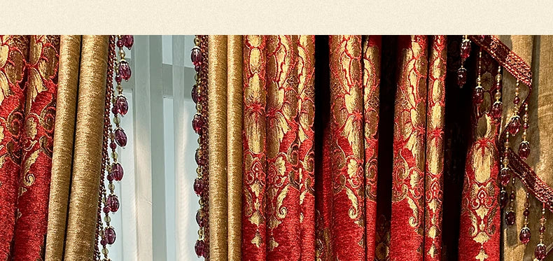 Red Gilded Jacquard Thickened Chenille Patched Curtains for Living Room Bedroom French Window Villa Customization Valance