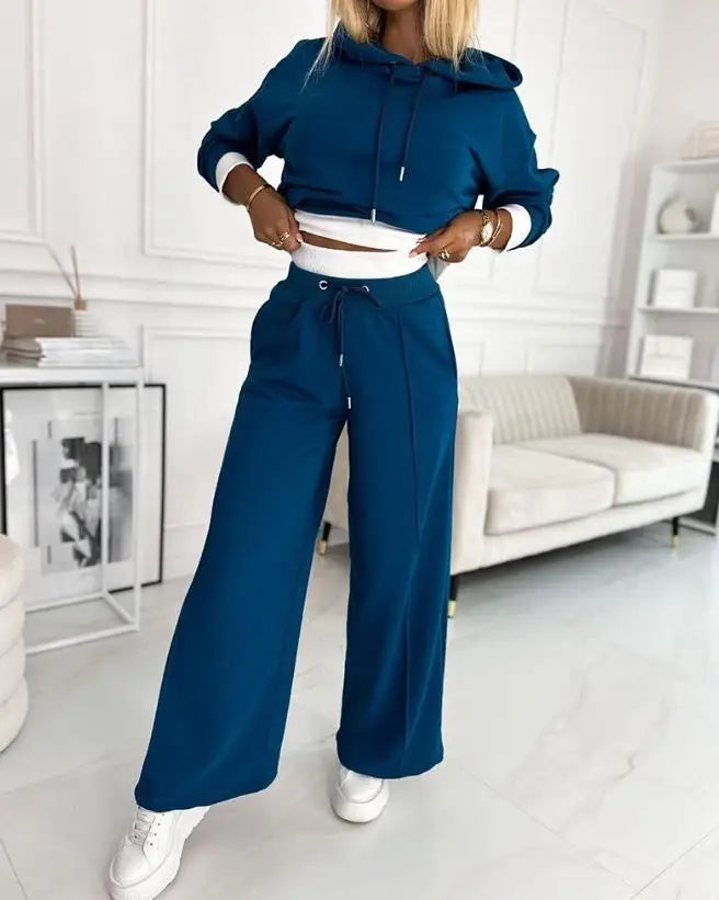 2 piece sets women outfit 2025 new in matching sets Fake Two Piece Hoodie pullover & Wide Leg Pant Set Casual Sports Pants Set