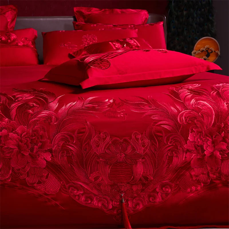 Pink Luxury Chinese Style Wedding Bedding Set Satin Jacquard Egyptian Cotton Peony Embroidery Duvet Cover Bed Sheet Pillowcases