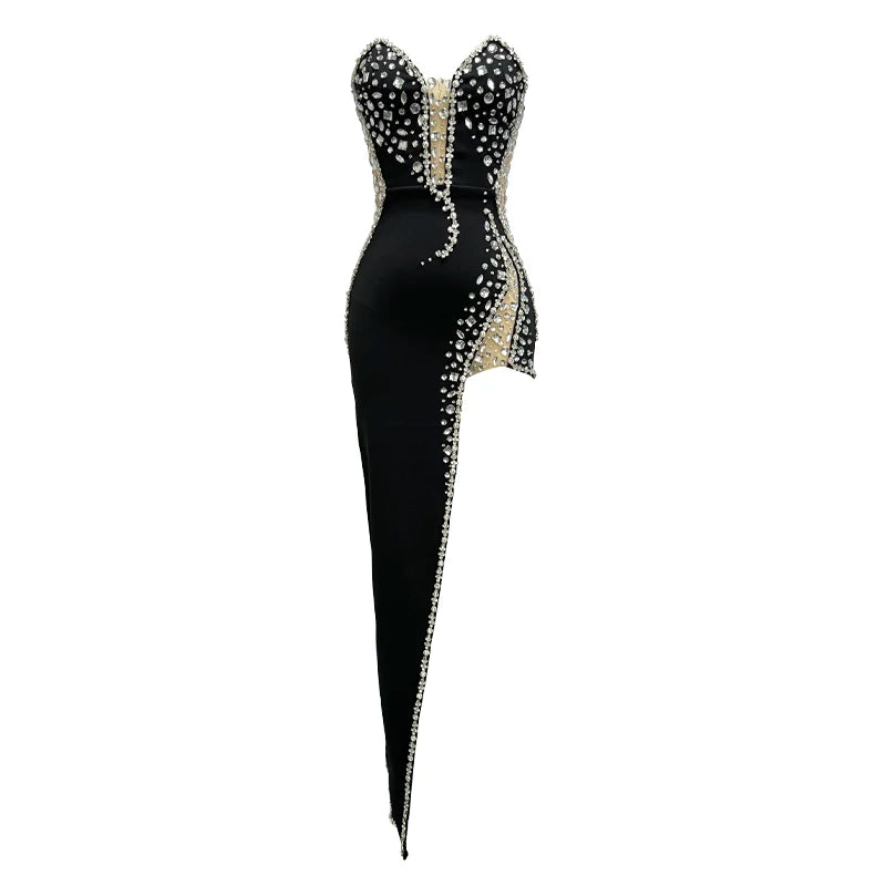Factory Wholesale Women's Black Blue Strapless Beaded High-end Sexy Boutique Celebrity Cocktail Party Bandage Long Dress