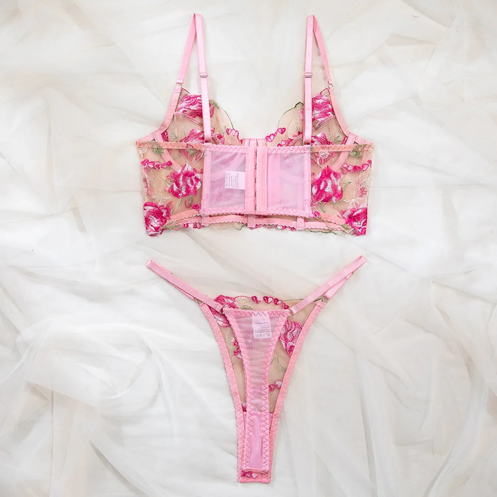 Women's Sexy Sweet Perspective Intimates Set Female Mesh Transparent Pink Flower Embroidered Steel Ring Fishbone Underwear Suit