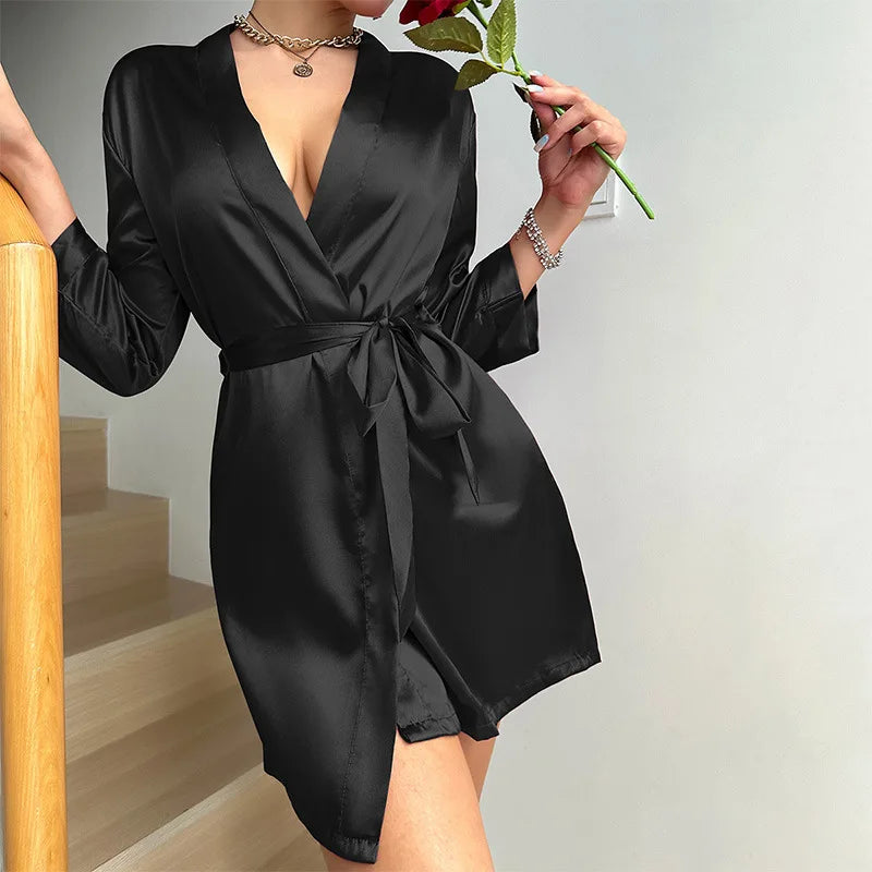 New Spring Summer Femake Robe Nightgown Sexy Mini Black Kimono Bathrobe Gown Sleepwear Loose Silk Satin Home Dress Lounge Wear