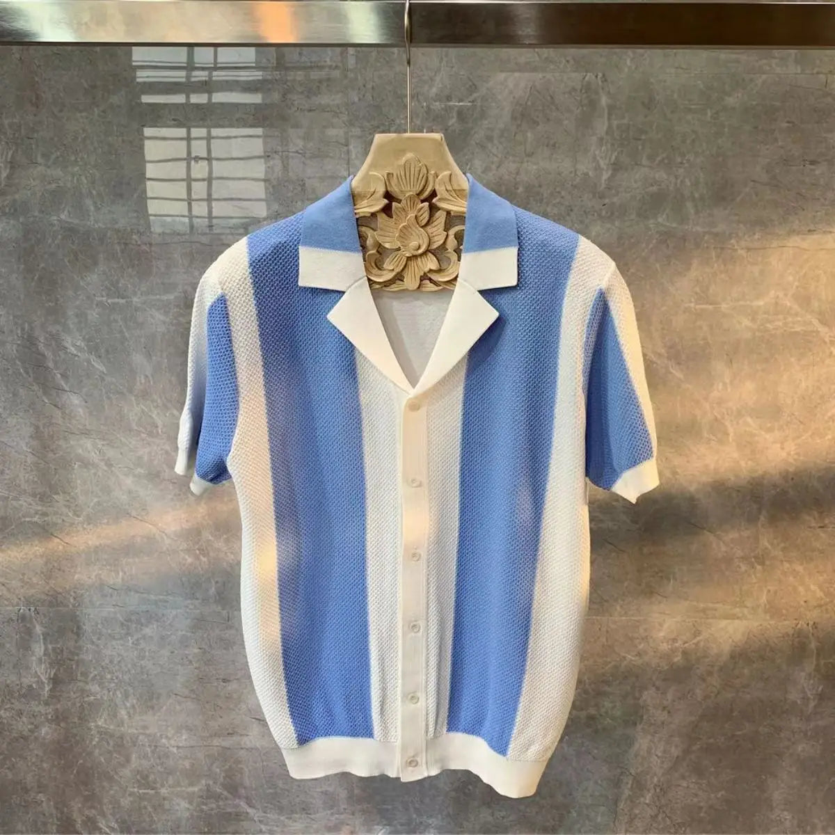 Summer Men Luxury Clothing Knit Short Sleeve Polo Shirt Casual Classics Stripes Lapel Button Slim Fit Cardigan Breathable Tops