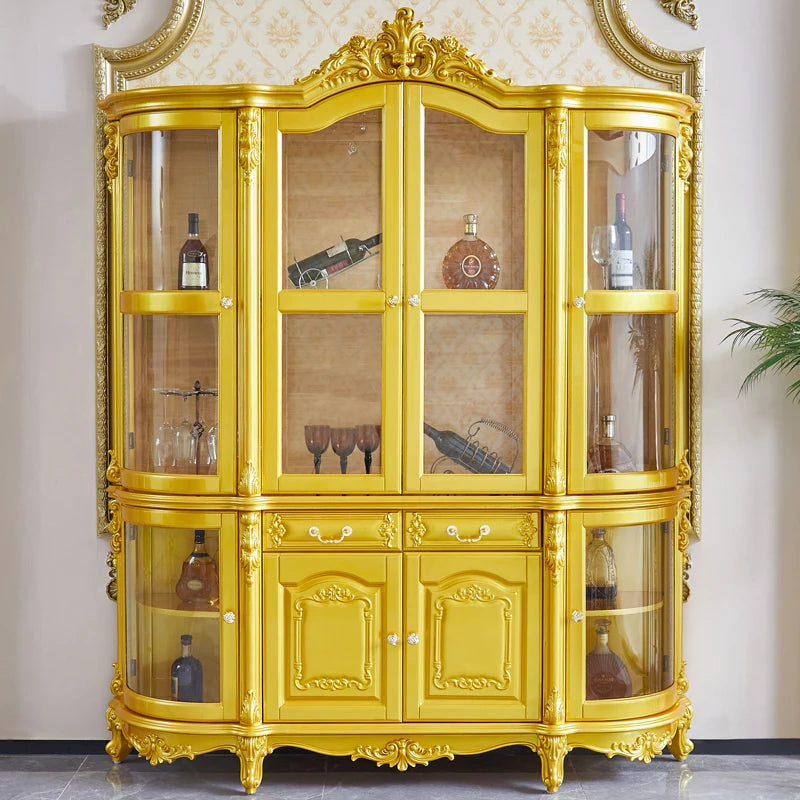 Wine cabinet solid wood four-door multifunctional locker arc high-grade villa decorative cabinet gold living room