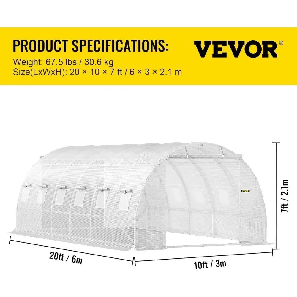 20 x 10 x 7 ft Walk-in Tunnel Greenhouse, Portable Plant Hot House w/ Galvanized Steel Hoops, 3 Top Beams, 2 Zippered Doors