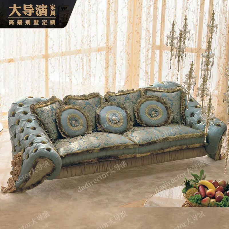European style solid wood carved gold foil sofa, palace French luxury fabric sofa, villa living room furniture customization
