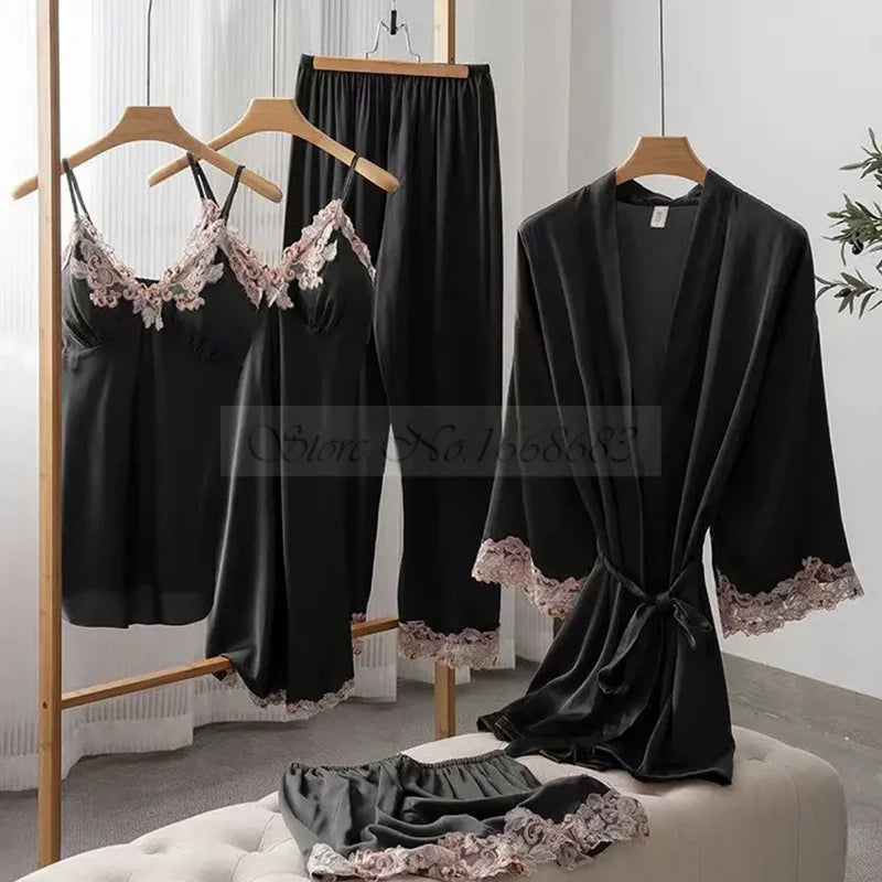 Spring Summer 5PCS PAJAMAS SET Sexy Lace Trim Bath Robe Nightgown Female Satin Cami Pijamas Suit Loose Home Clothes Lounge wear