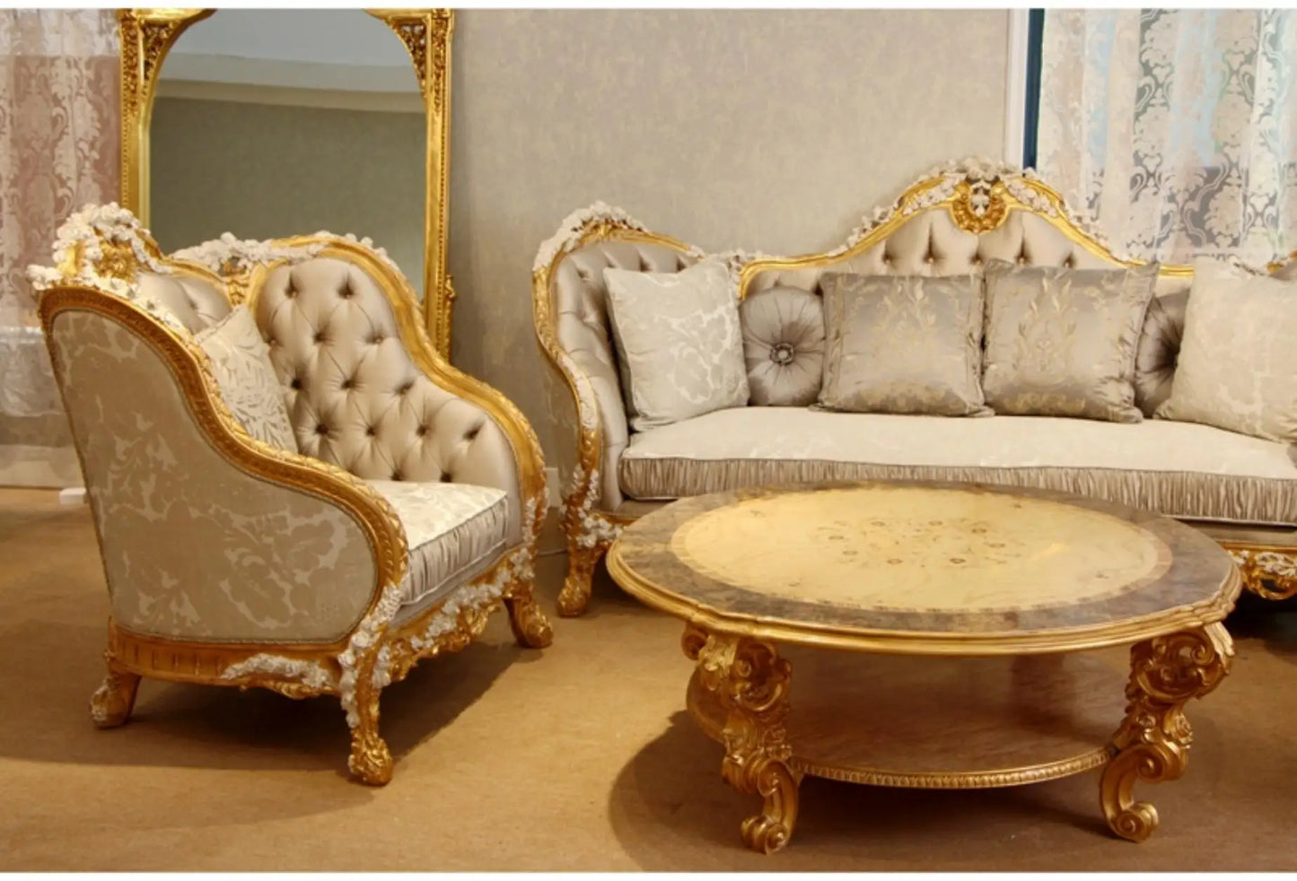 Living room furniture solid wood French retro European luxury palace cloth sticker gold foil rose flower carved gray sofa