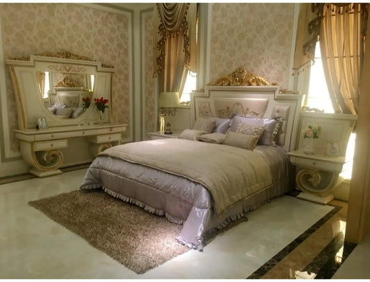Baroque Style Retro Italian Solid Wood White Color with Gold Foil Carving Villa Atmosphere Bedroom Furniture
