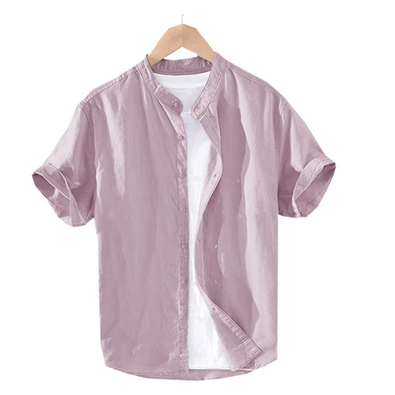 Fengbaoyu Linen Summer Men's Short Sleeves Lined with Middle-aged Casual White Vertical Collar Shirt Large Size 150KG 5XL Blouse