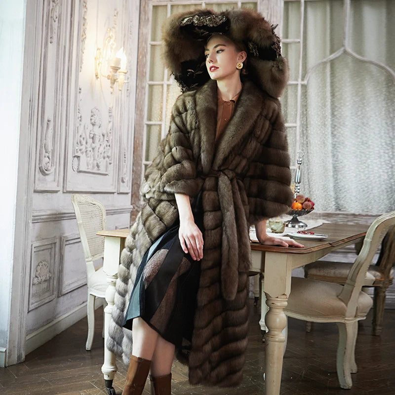 Women's Fur Coat 2223 Trend Natural Fur Long Mink grey strped Outerwear Jackets Trench Coats New In Outdoor Clothes Clothing