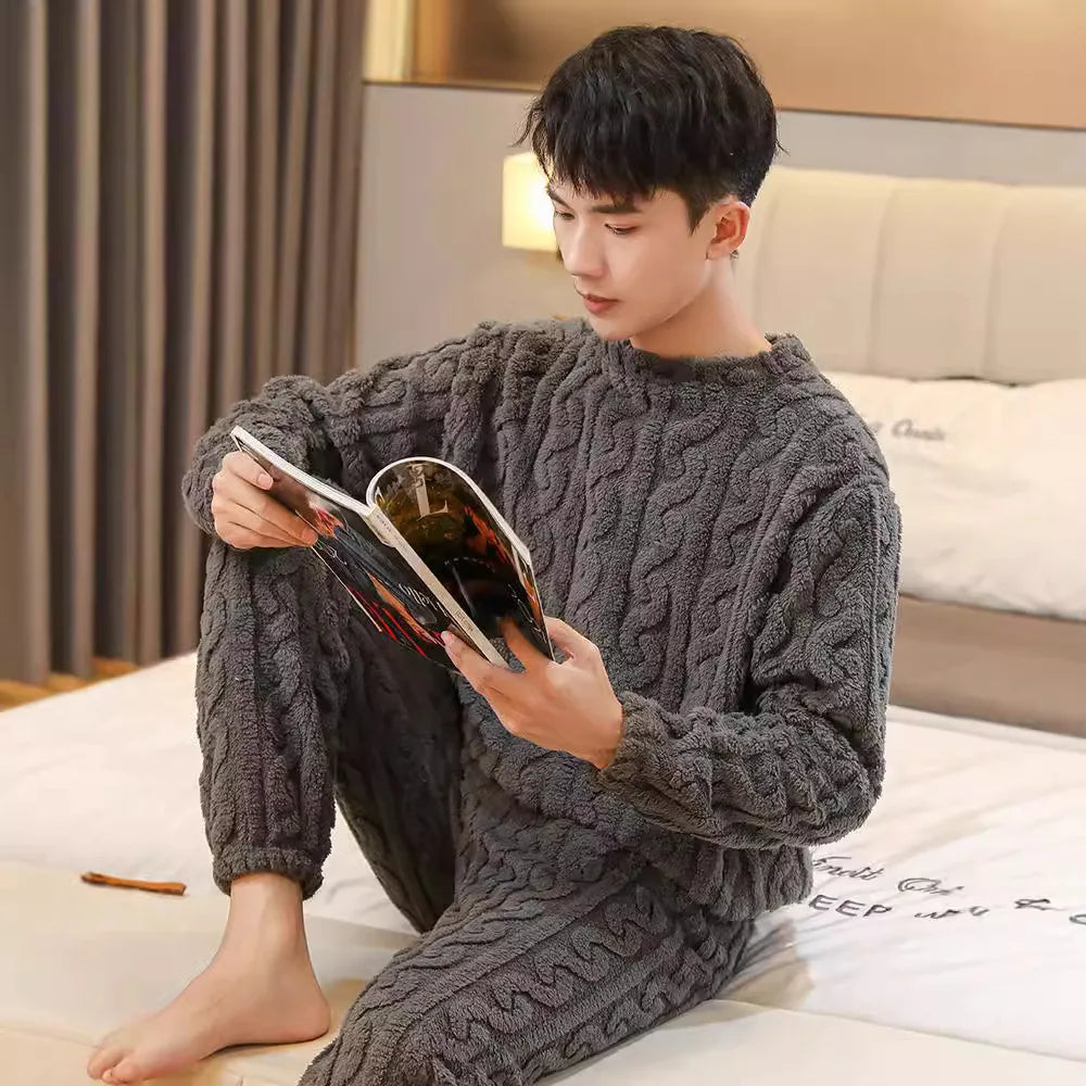 Coral Fleece Pajamas Men's Fall and Winter Thickened Padded Homewear Suit Warm Ladies Teen Facecloth Pajamas Homewear Suit