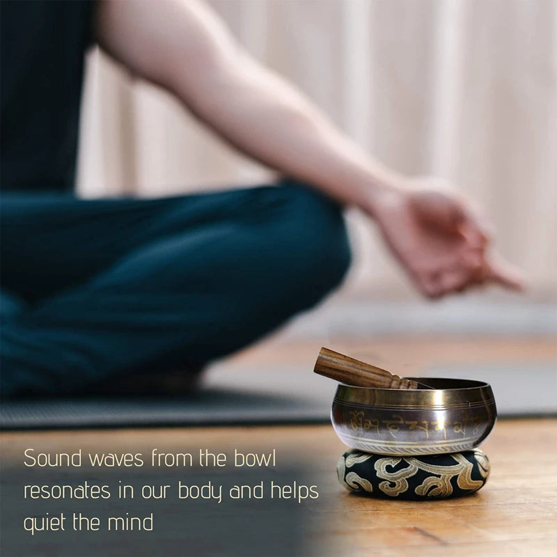 Tibetan Singing Bowl Set With New Dual-End Stroker Cushion Handcrafted In Nepal For Meditation Healing And Mindfulness